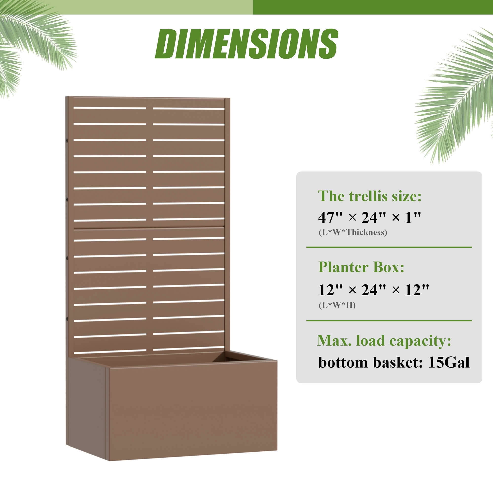 MAYEERTY 47x24 Brown Rectangular Iron Planter Box with Trellis, 2 Piece Set Decorative Garden Screen for Patio and Balcony