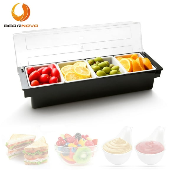 BEAMNOVA Chilled Condiment Server with Lid, 4 Tray Ice Chilled Fruit Salad Garnish Condiment Caddy Containers for Bar, Serving and Dishes (1 Pack)