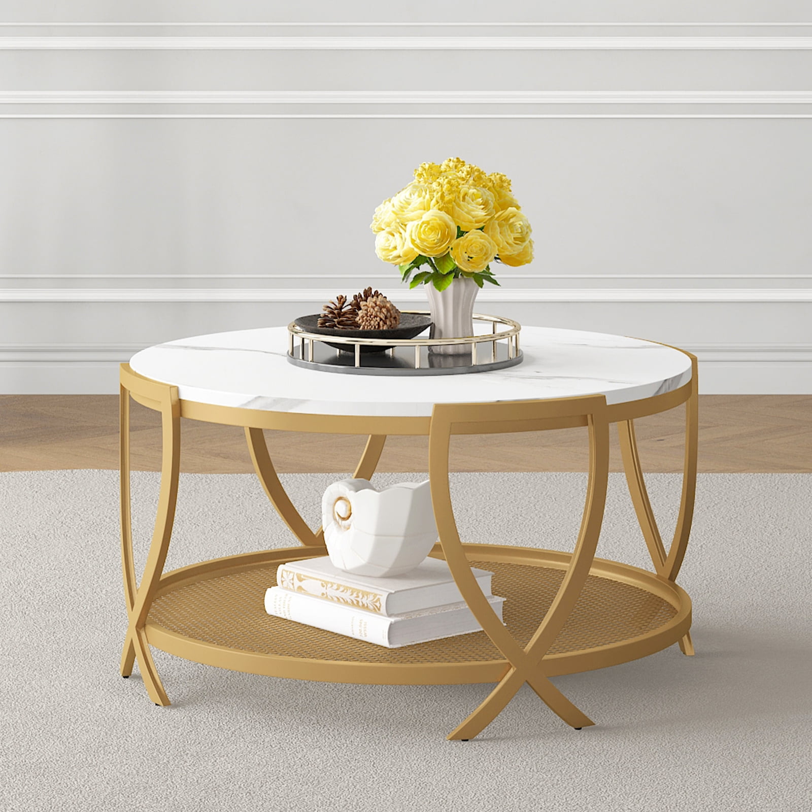 Modern Round Coffee Table, Gold Powder Coated & Marble Wood Top