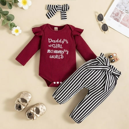 

RPVATI Newborn Infant Baby Toddler Clothes Ruffle Letter Printed Long Sleeve Bodysuit Headwear Striped Pants Set 3 Pieces Fall Winter Clothes
