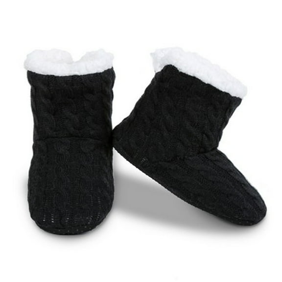 Girls Kids Cable Knit Slippers House Booties Socks Soft Sherpa Lining Rubber Soles, Black M