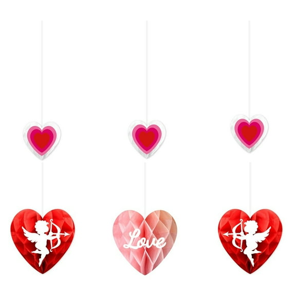 GROFRY 6Pcs Valentine Day Heart Ornament Paper Honeycomb Hanging Decoration Romantic Red Pink Love Heart Centerpieces for Party Supplies
