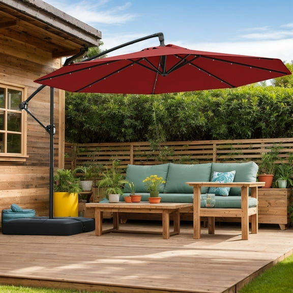 YYAo Outdoor Garden Umbrella,Market Umbrella,10 Feet Solar Offset Hanging Umbrella with Base and 32 LED Lights-Wine
