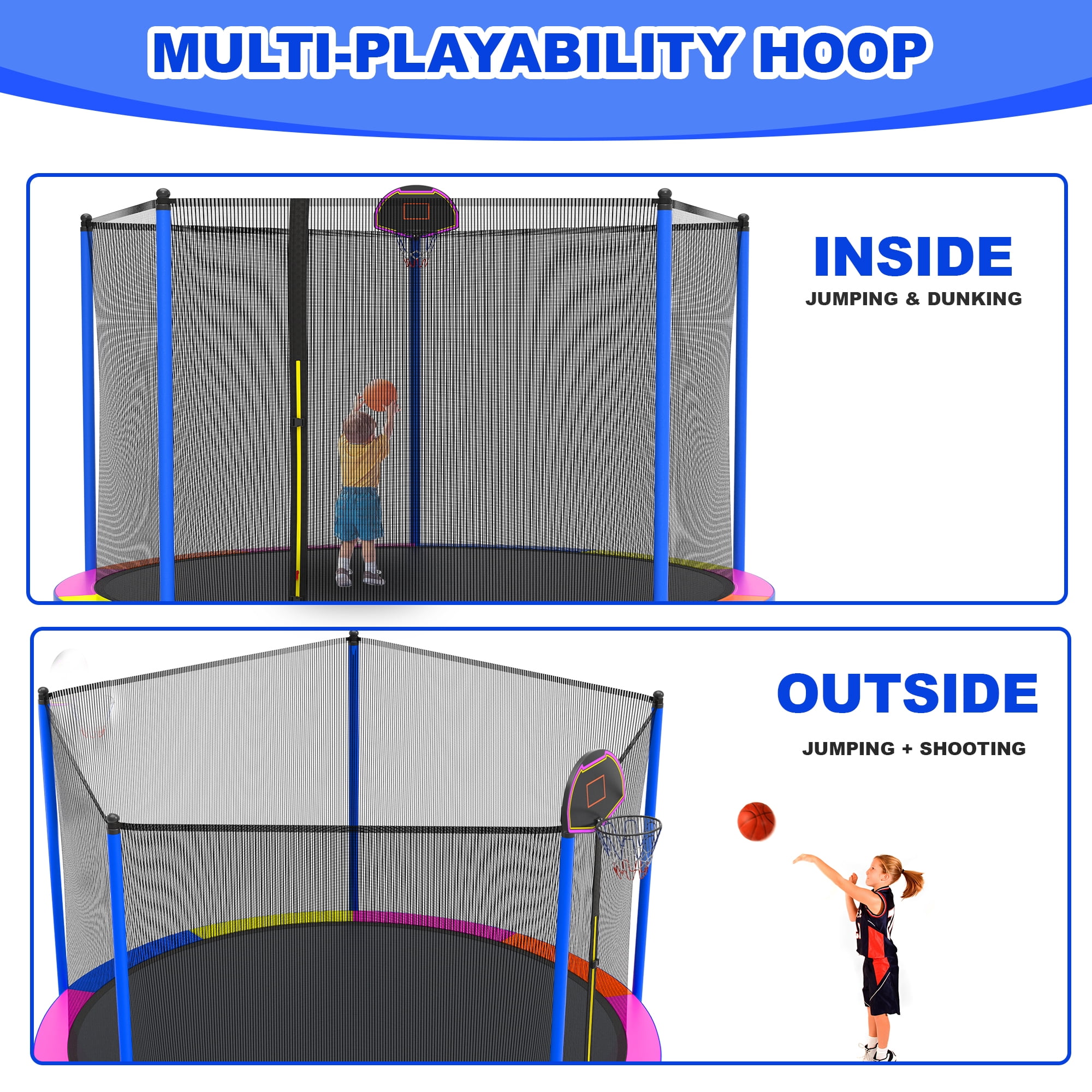 Outdoor Trampoline for Kids, Seizeen 12FT Kids Trampoline W/ Enclosure Net, Heavy-duty Rebounder Trampoline with Basketball Hoop, Ladder, Upgraded 4-W Support
