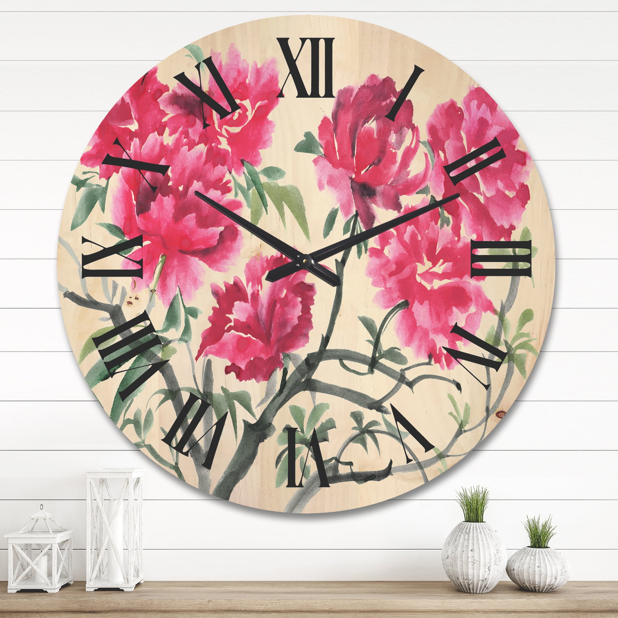 Designart 'Ancient Purple Azalea Flower' Traditional Wood Wall Clock