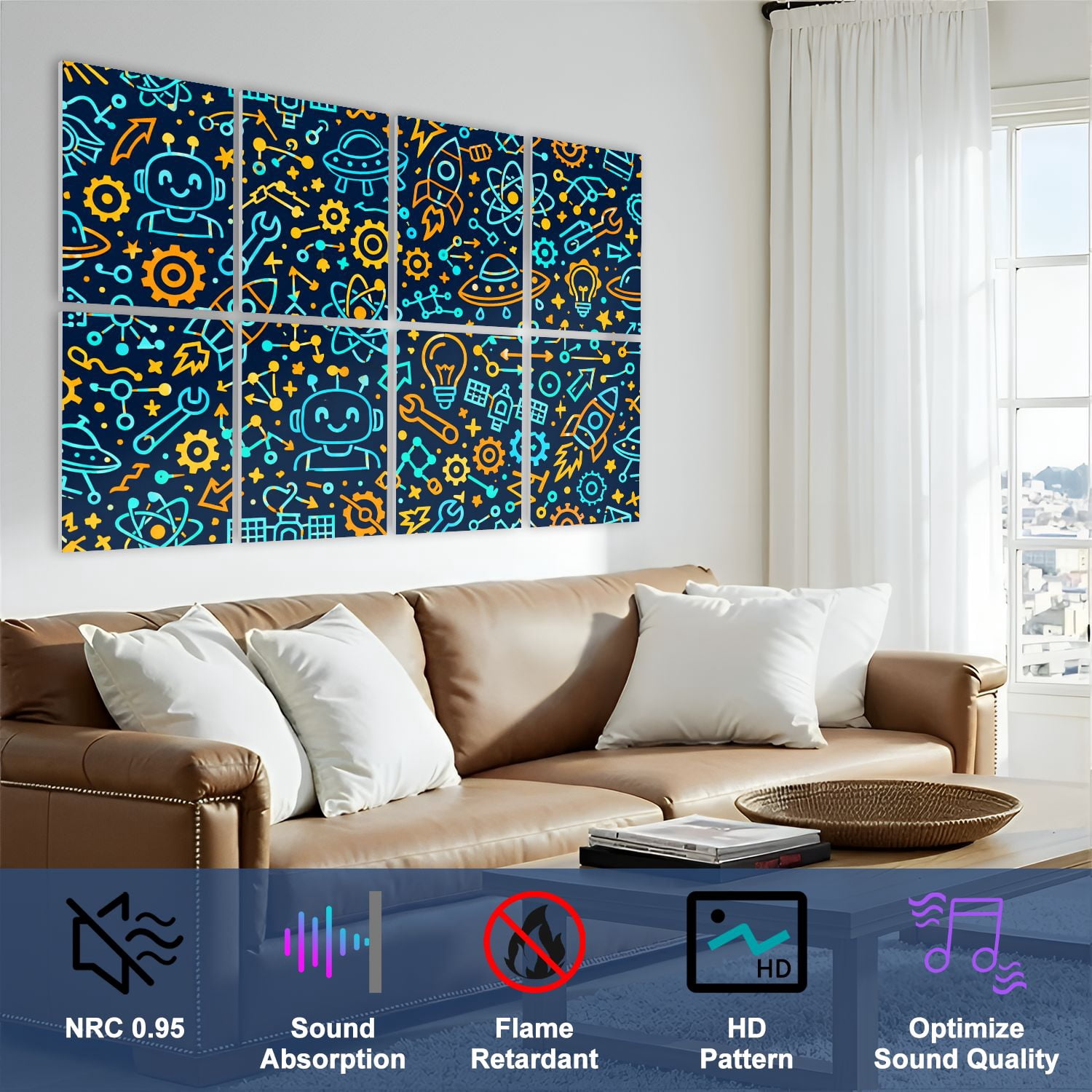 Classroom 8 Pack Art Acoustic Panels Sound Absorbing Colorful Science Technology Robots Rockets UFOs Icons Decorative Soundproof Wall Panels Self Adhesive for Nursery Kids 48"x32"