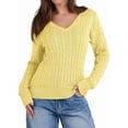 thumbnail image 3 of Women Long Sleeve Cable Knit Sweater Fall Fashion V Neck Fitted Pullover Business Casual Fall Outfits Light Yellow M, 3 of 10