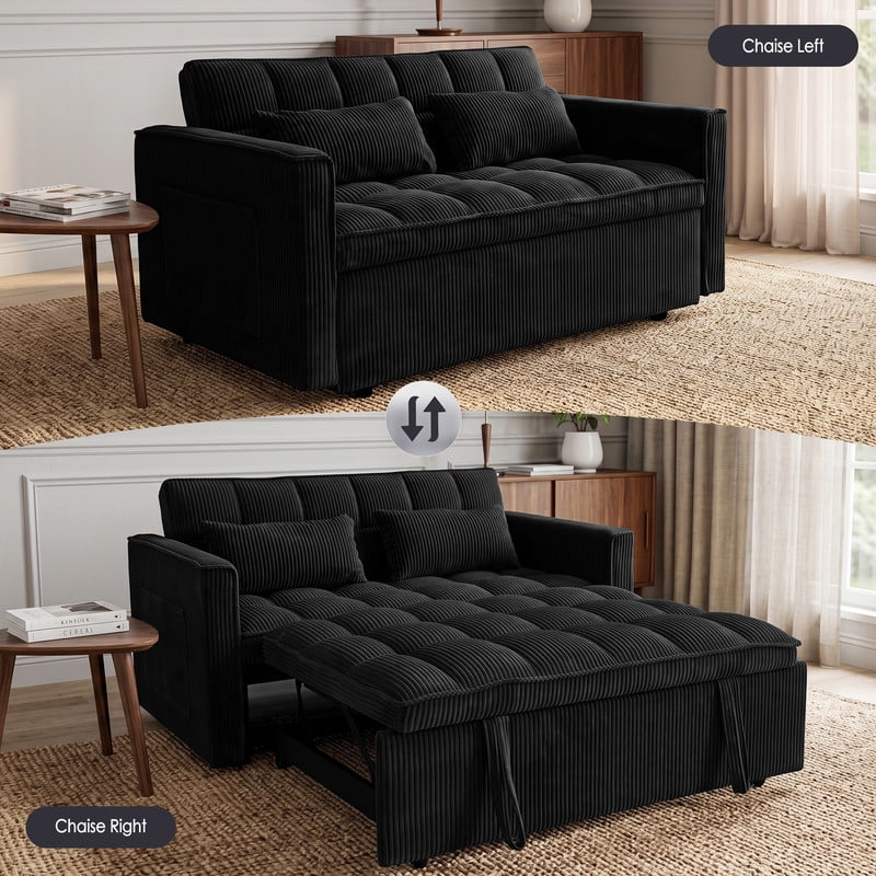 Anpport 54" 3‑in‑1 Convertible Sleeper Sofa Bed, Corduroy Pull‑Out Couch with Adjustable Backrest, Side Pockets & 2 Pillows for Small Spaces, Black