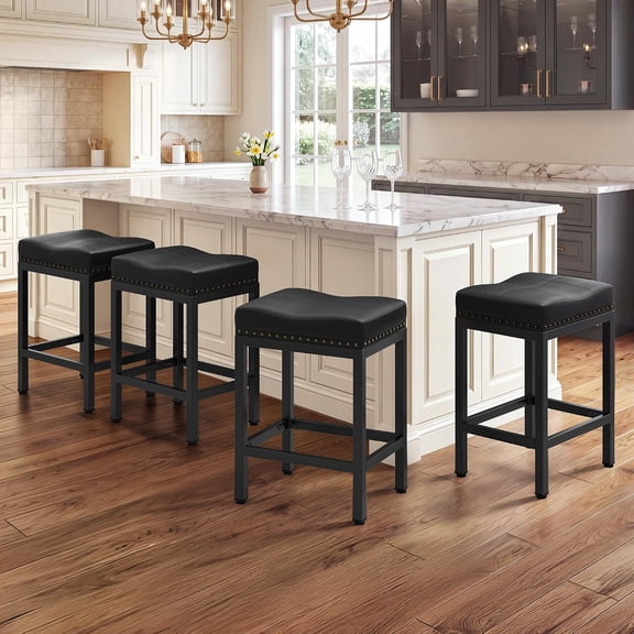 24 Inch Bar Stools Set of 4, Counter Height PU Leather Kitchen Chairs with Footrest & Metal Legs, Modern Backless Saddle Stools for Island, Dining, Space-Saving, Black