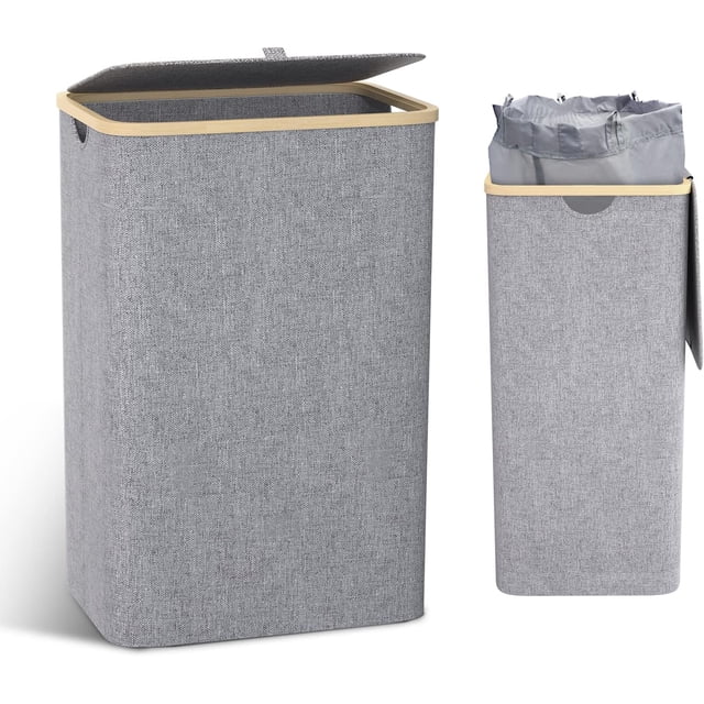 Foldable Tall Laundry Basket, Eco-Friendly Bamboo Rim, Durable 600D Fabric Laundry Container for Easy Storage, Removable Liner Bag for Bedroom, Dorm (100 Liter Capacity)