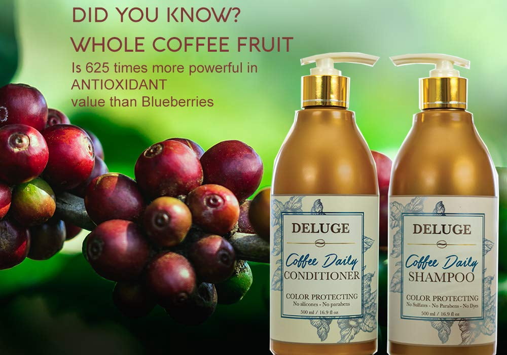 Deluge Coffee Shampoo and Conditioner Set With Argan Oil, Coffee Berry, and Honey Extract - Color Protecting, Moisture Repair, Sulfate-Free For All Hair Types (16.9 oz each)