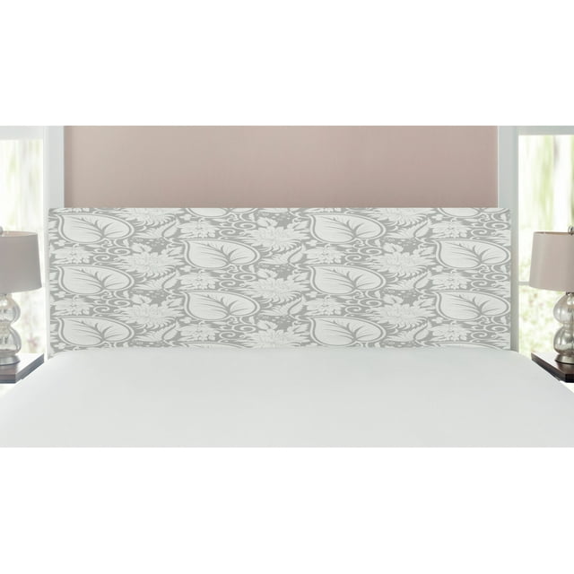 Grey Headboard, Big Leaves on Old Fashion Floral Background Feminine Dramatic Style Retro Graphic Print, Upholstered Decorative Metal Bed Headboard with Memory Foam, King Size, Grey, by Ambesonne