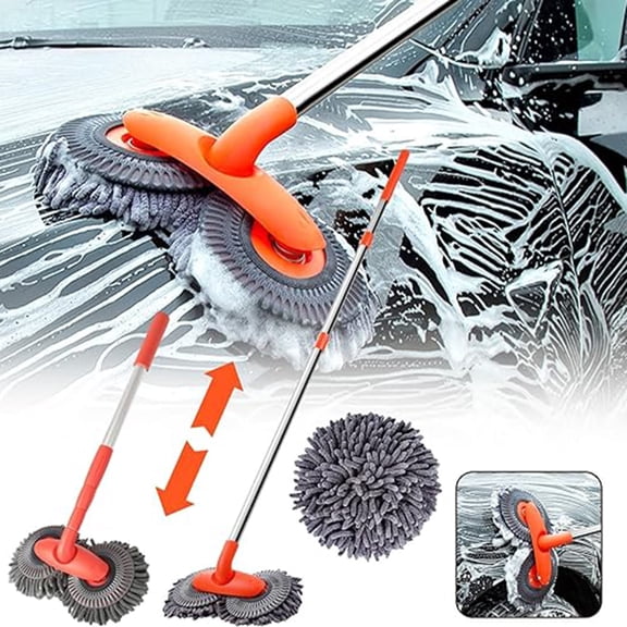 Long Handle Car Wash Brush Double Disc Design Detachable Reusable Windshield Window Microfiber Car Duster Dry Towel Cleaning Mop