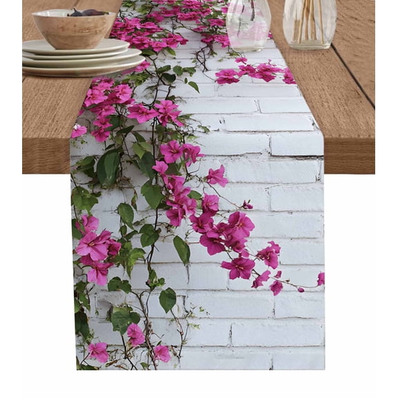 Pink Spring Floral Table Runner 72 Inches, White Farmhouse Summer Flowers Bed Runner Dresser Scarves Tabletop for Indoor Outdoor Parties/Ceremony/Banquet, 16" x 72"