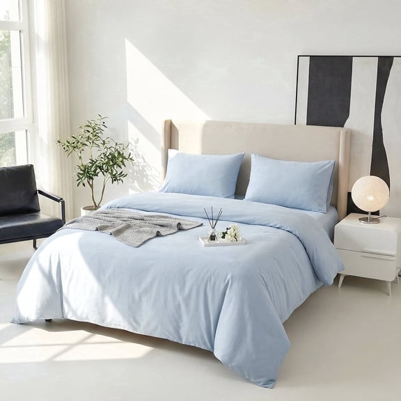 Premium 100% Cotton Duvet Cover Set, Soft Breathable Bedding with Zipper Closure (3 Pieces), Pale Blue, Queen
