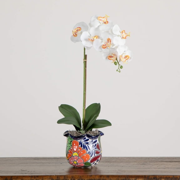Nearly Natural Orchid Artificial Floral Arrangement in Talavera Planter - 26"