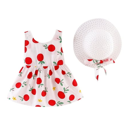 

Toddler Girls Casual Sleeveless Dress Print Oranges Princess Outfits Hat