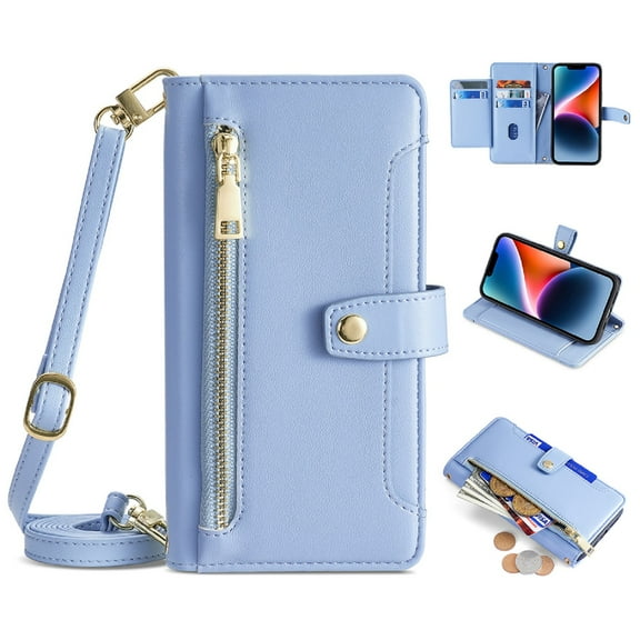 Mantto for iPhone 13 Pro Max Crossbody Wallet Case, 6 Card Slots Holder PU Leather Flip Cover with Shoulder Strap Lanyard & Wrist Hand Strap, Zipper Pocket Stand Magnetic Clasp Case, Blue