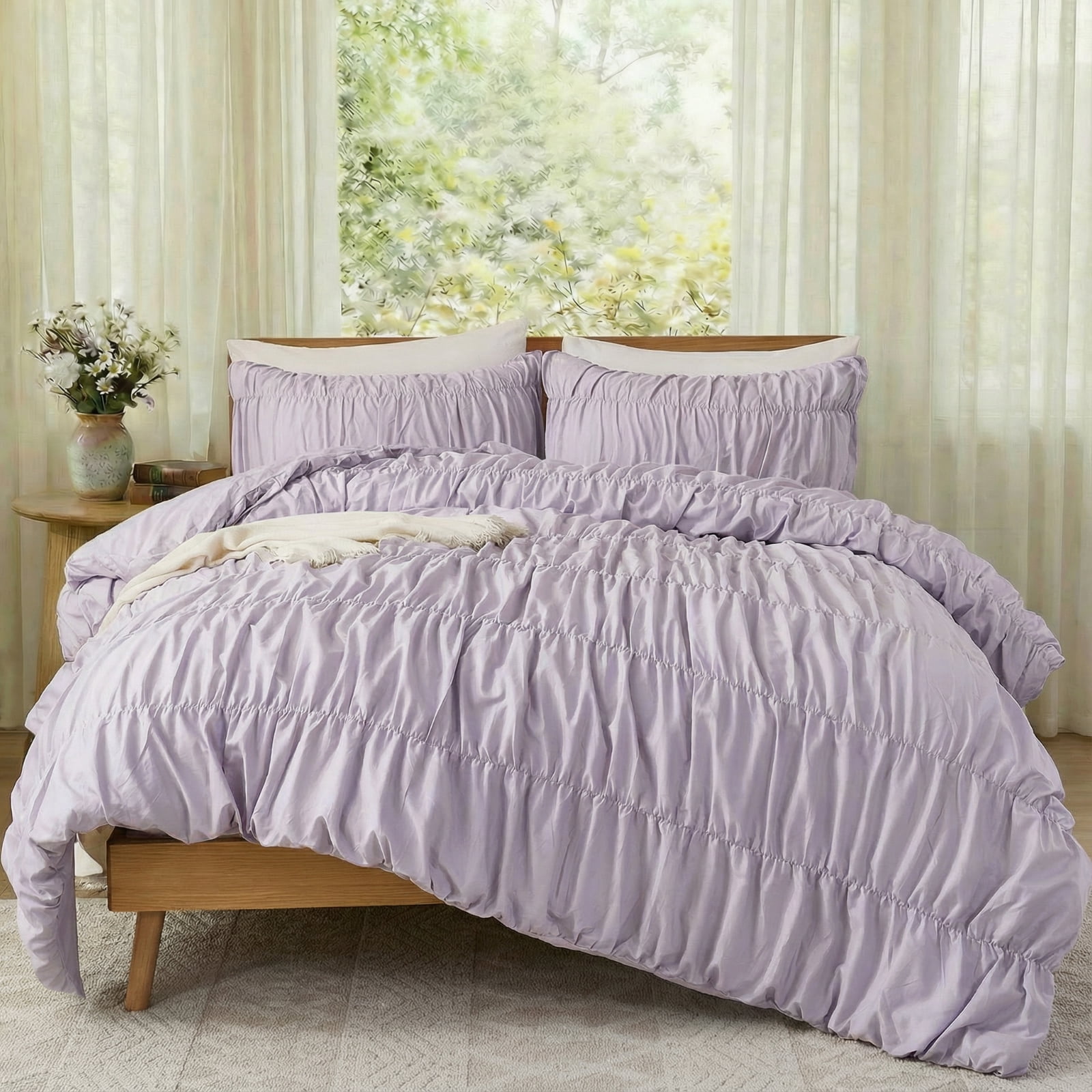 100% Cotton Purple Wrinkle Duvet Cover Set Queen Size,Ruched Bedding Comforter Cover,Shabby Chic Ruffled 3 Pcs Queen Duvet Cover Set,Bohemian Boho Bedding Set with 1 Duvet  Cover 2 Pillowcases