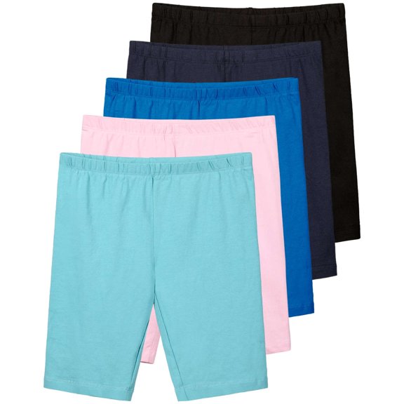 Real Essentials 5 Pack: Girls Cotton Spandex Biker Short Cartwheel Dance Shorts Athletic Under Dress Gymnastics (Ages 4-18)