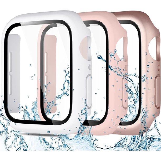 Waterproof Case Compatible with Apple Watch 42mm Series 3 2 1 with Built-in Tempered Film Screen Protector, Full Coverage Hard PC Anti-Fog Protective Film, Pink/Rose Gold/White, 42mm