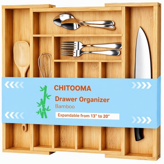 CHITOOMA Bamboo Kitchen Drawer Organizer,Adjustable Kitchen Utensil Tray,Large Expandable Silverware Holder for Forks, Spoons & Knives, 8 Slots,Natural
