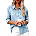 thumbnail image 7 of ASDFVBKG Women Button Down Denim Shirts Casual Long Sleeve V Neck Chambray Blouse Top Light Blue L, 7 of 7