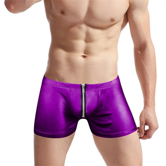 khonts,Men's Metallic Shiny Boxer Briefs Sexy U Pouch Crotch Underwear Low Rise Zipper Underpants Purple One Size
