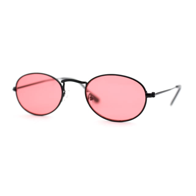 Hippie Micro Narrow Oval Pop Color Lens Metal Rim Sunglasses Black Rose Pink