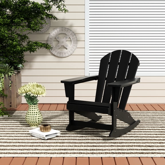 FADINGFREE Outdoor Patio Rocking Chair, All-Weather HDPE Patio Rocker with Wide Armrests for Porch, Lawn & Garden, Black