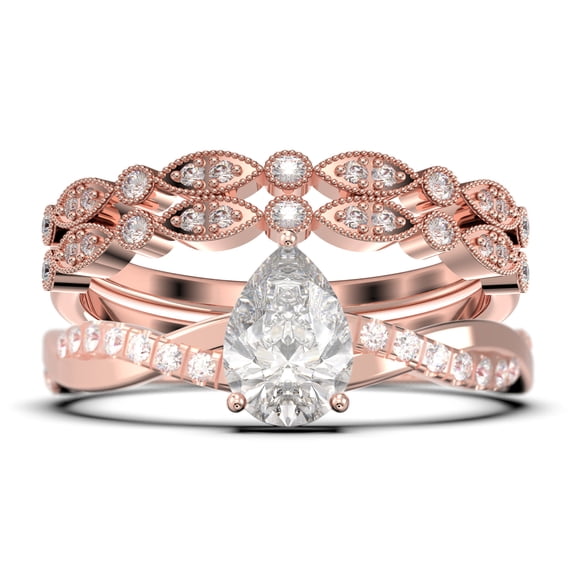 Gorgeous Art Deco 2.25 Carat Pear Cut Diamond Moissanite Engagement Ring,Two Matching Band, Twisted Band Wedding Ring in 925 Sterling Silver With 18k Rose Gold Plating Gift For Her