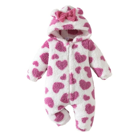 RUTAYY Children Girls Jumpsuits Adorable Love Heart Print Long Sleeve with Hooded Cozy Winter Soft Comfortable Elegant Casual Romper