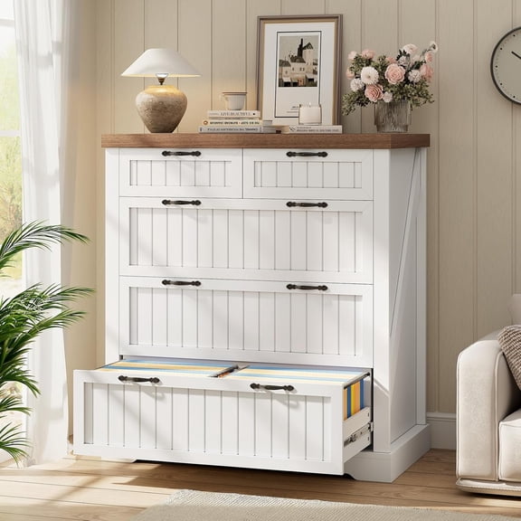 SEDETA File Cabinet with 5 Wood Drawers, Farmhouse Filing Cabinet for Home Office, Wood Office File Cabinets for Letter/Legal/A4 Size, Lateral File Cabinets with Printer Stand, White
