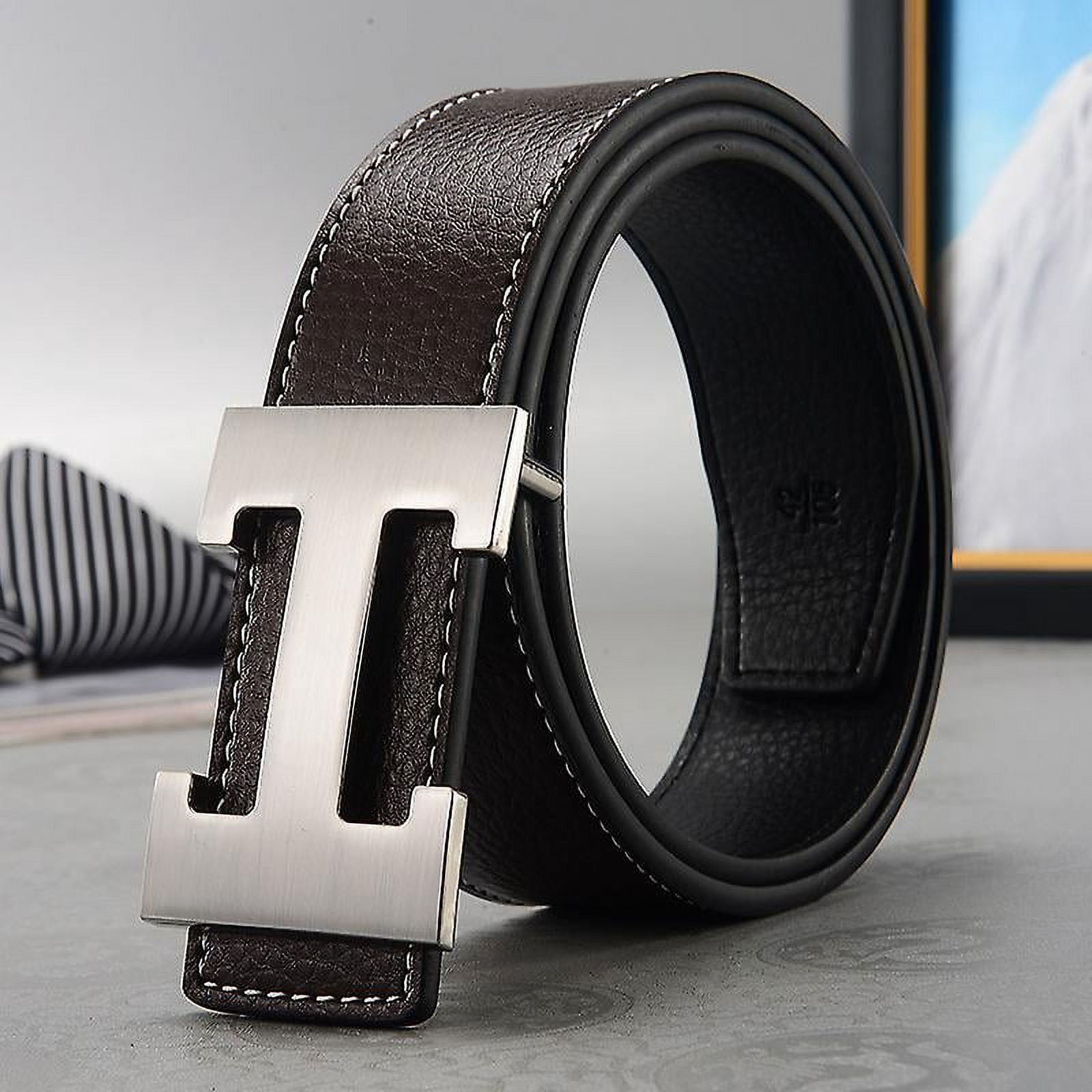 1pcs 120cm Black Word Silver Buckle Heavy Duty Belt Men H Word Buckle Belt Imitation Leather Letter Smooth Buckle Belt