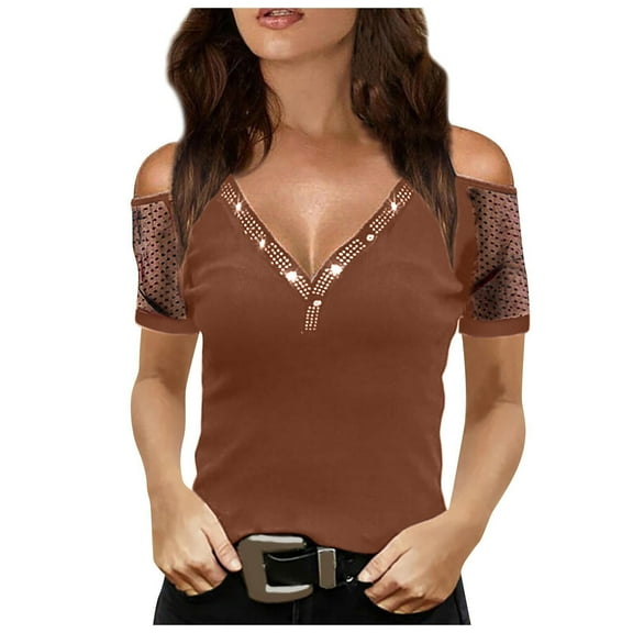 Mittory Womens Sparkly Sequin Top V Neck Cold Shoulder Glitter Short Sleeve Dressy Party Blouse Shirts