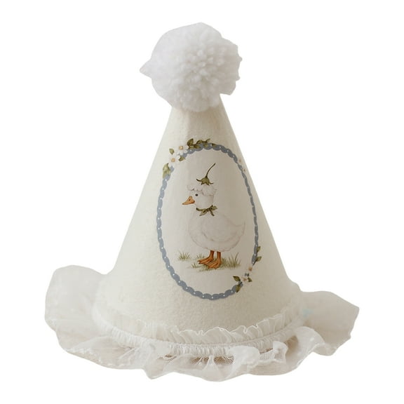 Birthday Hat Duckling/Flower Pattern Lace Trim Party Hat With Pompoms For Birthday Celebration