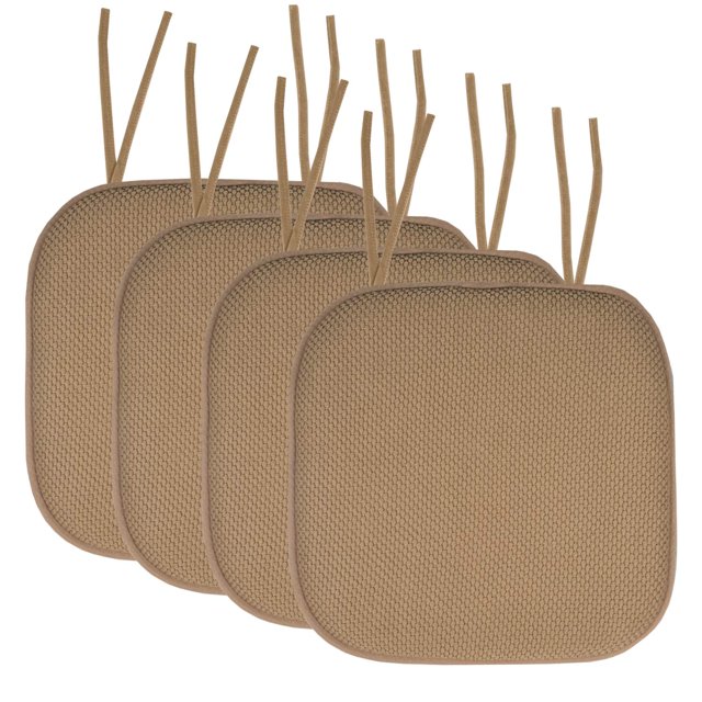 Sweet Home Collection Chair Cushion Memory Foam Pads with Ties Honeycomb Pattern Slip Non Skid Rubber Back Rounded Square 16" x 16" Seat Cover, 4 Pack, Taupe 4 Pack
