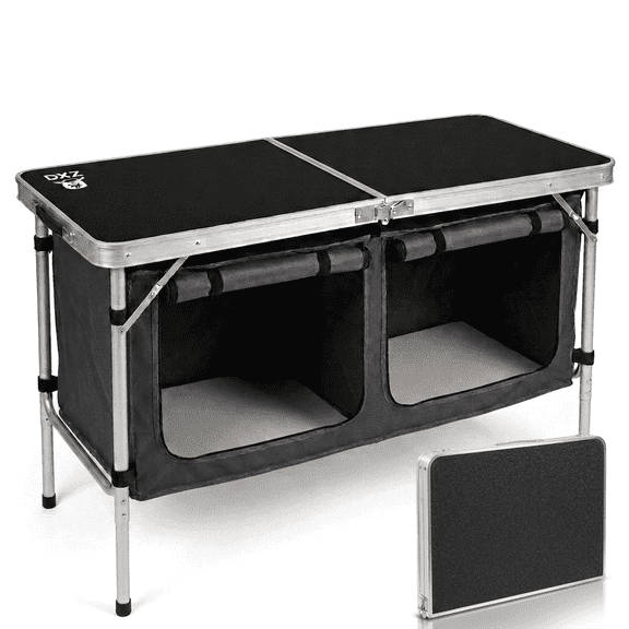 Folding Camping Kitchen Table with Storage Organizer, Portable Outdoor Cooking Station with Carry Handle, Adjustable Height Prep Table for BBQ, Picnic, RV & Outdoor Activities,Black