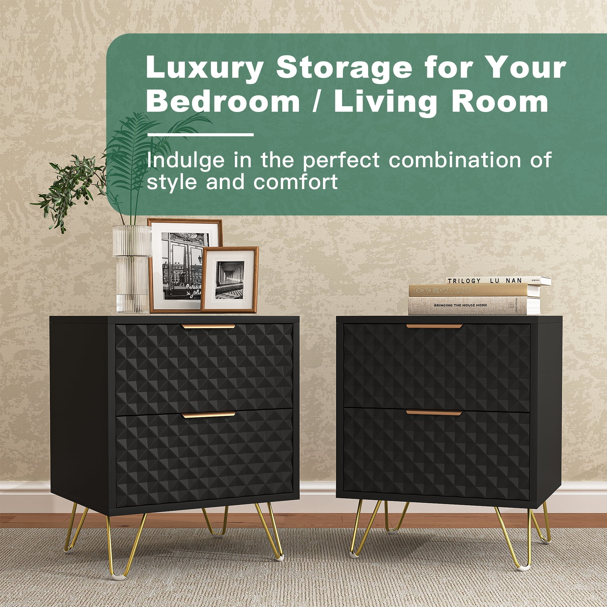 2 Drawer Bedroom Nightstand Set of 2 with Gold Metal Handle and Legs, Black Bedside Table