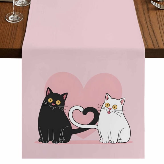 Table Runners 72 Inches Long Dress Scarves, Valentine's Day Farmhouse Kitchen Table Runner, Coffee Tablerunners, Pink Love Heart Cats Modern Art 14x72 Inch