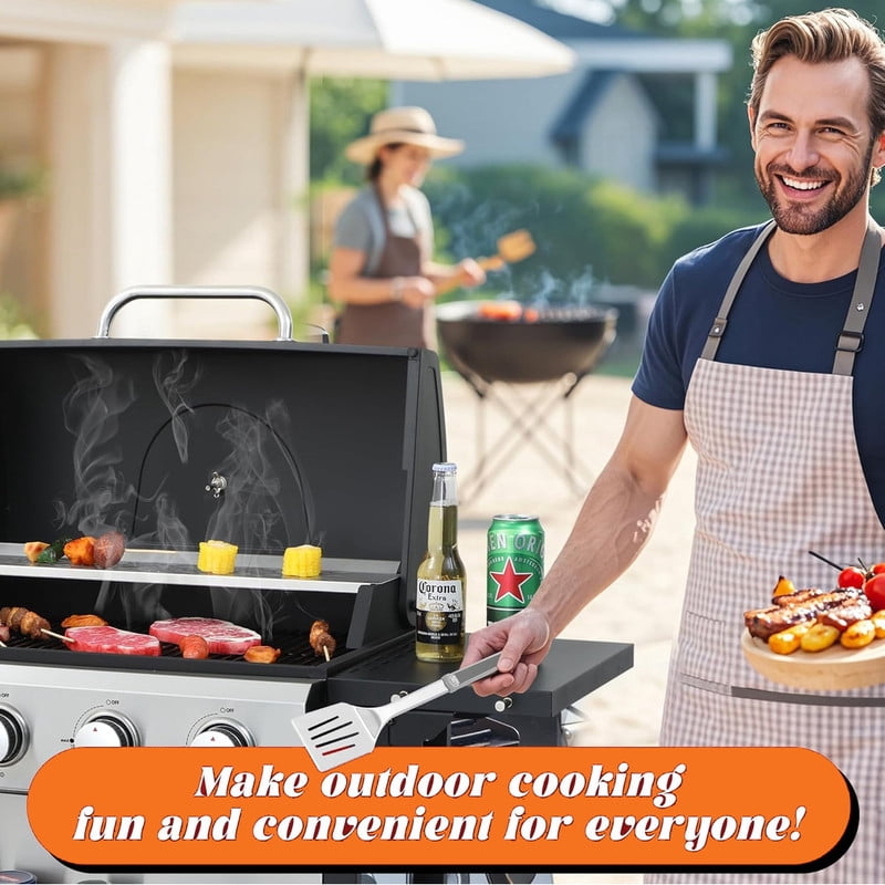 4-Burner Propane Gas Grill with Griddle Grill and Wire Enamel Grids, 49200 BTU Stainless Steel Outdoor BBQ Gill with Foldable Side Table and Hanging Basket for Backyard Barbecue