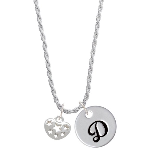 Delight Jewelry Silvertone Small Heart with Cut Out Stars Silvertone Script Initial Disc - D - Charm Necklace, 20"+3"