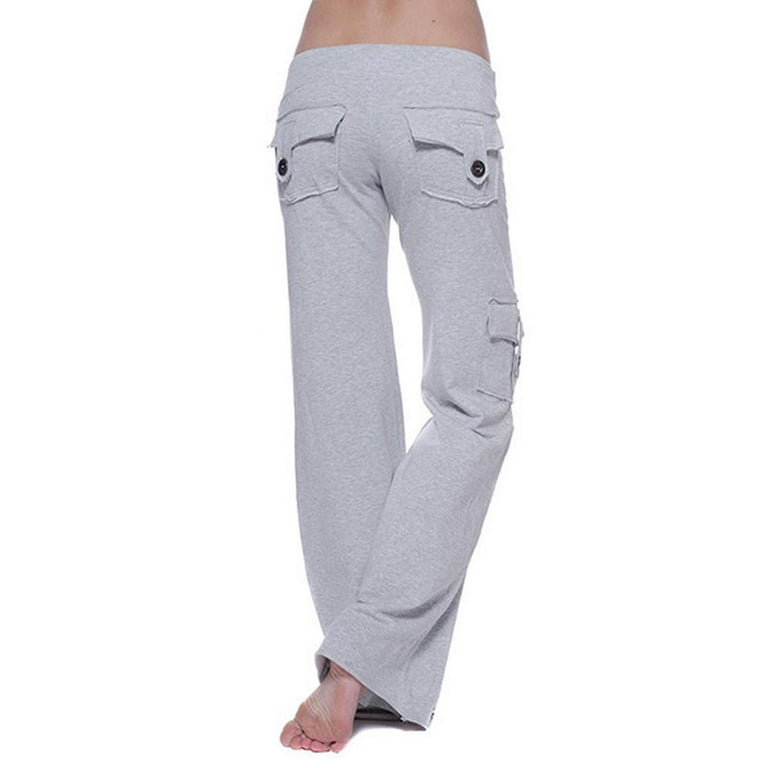 Women's Bootcut Pants Leggings with Pockets Autumn Workout out Leggings  Stretch Waist Button Pocket Yoga Gym Loose Pants