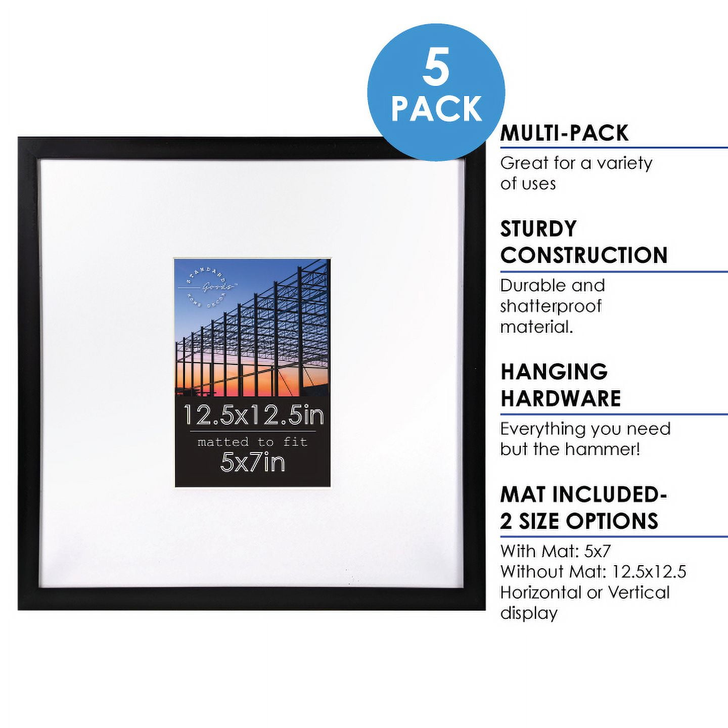 Standard Goods Home Décor 12.5x12.5 Matted to 5x7 Black Linear Picture Frame, 5-Pack for Wall Display.