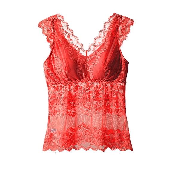 MOJOGO Lace Cross Back Camisoles for Women Detachable Padded Crop Undershirts Summer Layering Camis Red Free Size