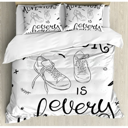 Adventure Queen Size Duvet Cover Set, Motivational Design Youth Theme with Pair of Sneakers Walking Hiking Wanderlust, Decorative 3 Piece Bedding Set with 2 Pillow Shams, Black White, by