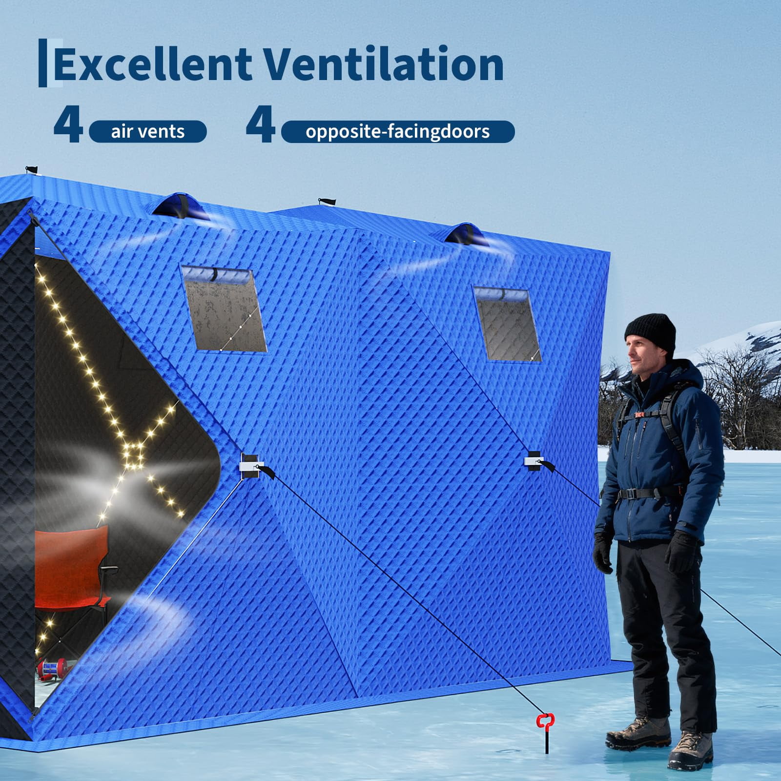 Insulated Pop-Up Ice Fishing Shelter for 6-8 People – Double Zipper Doors, 69 sq ft Space, 2x49ft LED Light Strips, Carry Bag, 141.73x70.8x77.74in | Comes with 2 battery packs and 2 15m light strips