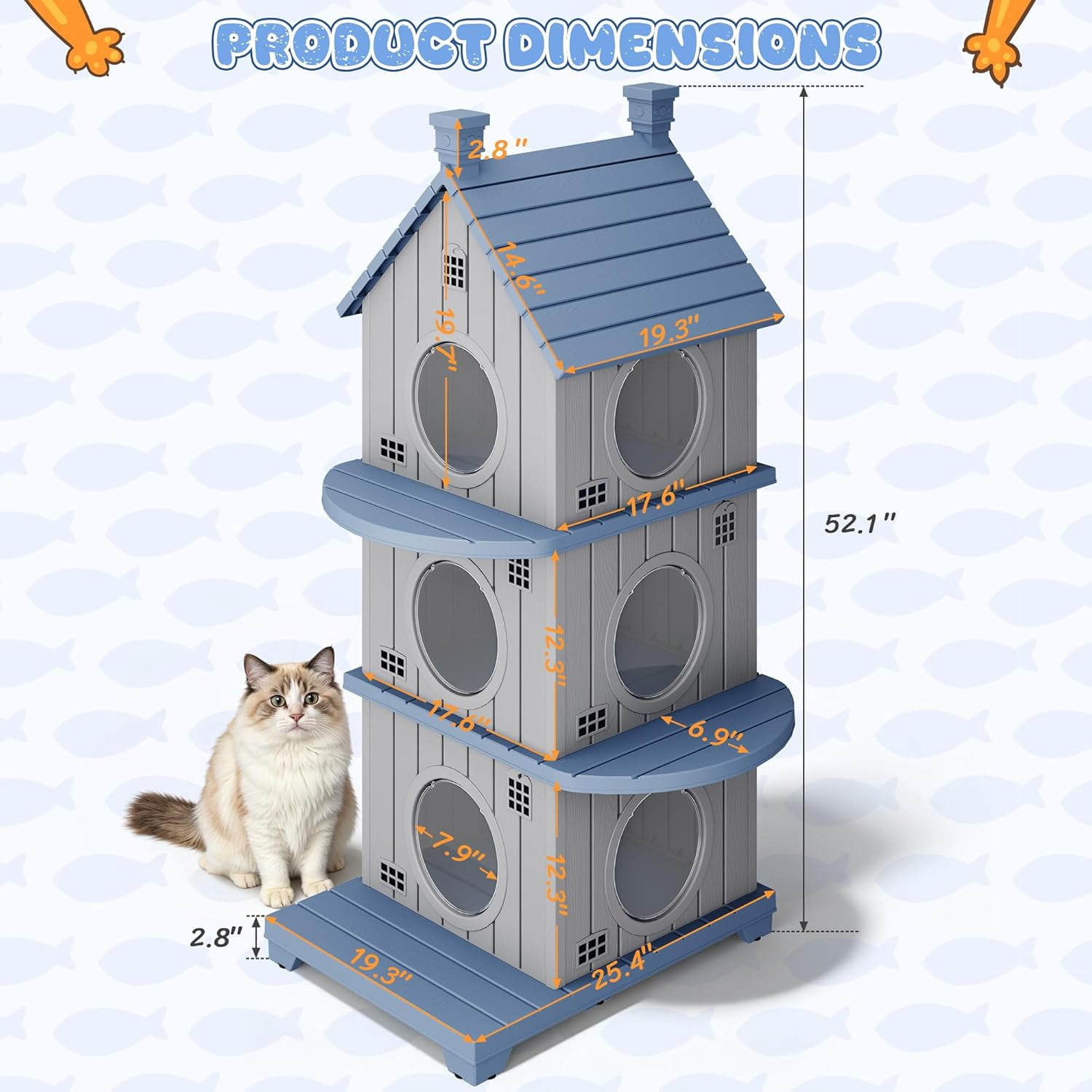 FICARTS Indoor/Outdoor Cat House, Weather-Resistant Pet Shelter with Elevated Base, Multi-Entry Cat Cottage for Feral & Household Cats