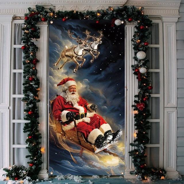 Linnome Santa Claus Pattern Christmas Door Cover 35x71 Inches, Festive Holiday Door Decoration for Home and Parties