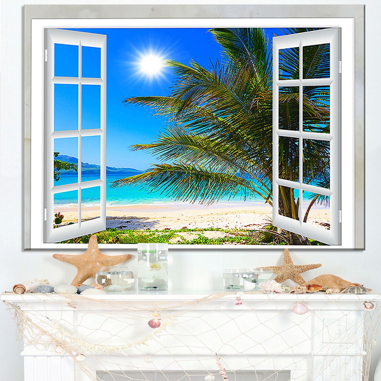 Design Art Window Open to Beach with Palm Extra Large Seashore Canvas ...